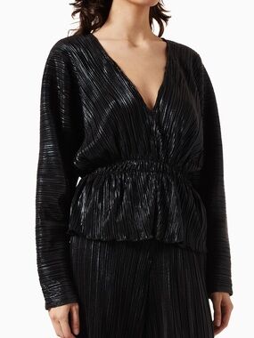 Good American Plisse Deep V-Neck Dolman Blouse in Metallic Black Size Small